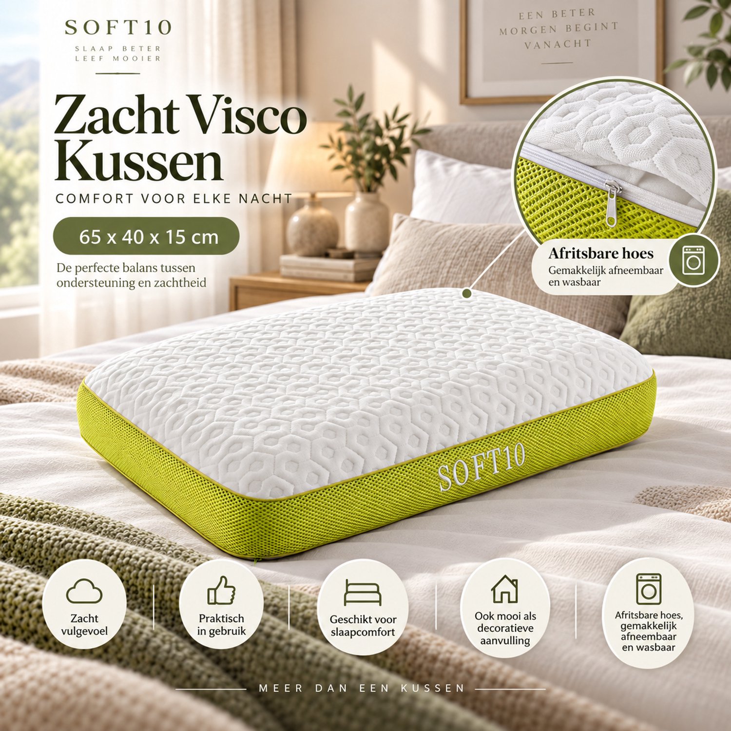 Fabric Box Nuvina Soft Hoofdkussen – Visco Traagschuim – Zacht – 65x40x15 cm – Ademende Afneembare Hoes – Wit/Groen