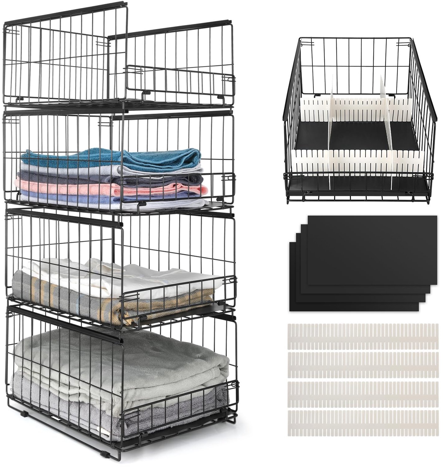 Kledingkast Organizer Set – 4-Delige Stapelbare Opbergdoos met Roestvrijstalen Frame – Zwarte Opvouwbare Kledingmand voor Kast en Kledingopslag