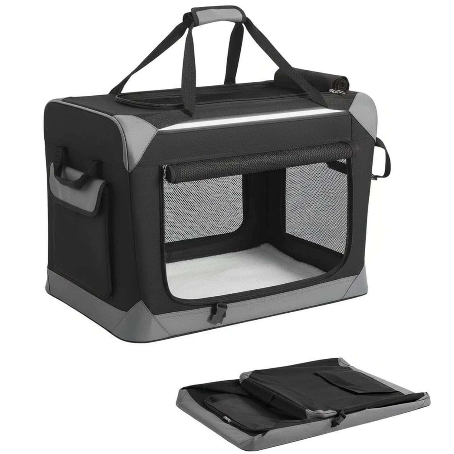 Klarven® Hondenrugzak Opvouwbaar tot 15kg - Hondenbench - Draagbare Hondentas - Dog Carrier Backpack - Zwart-Grijs - 4 Deuren met Handgrepen en Zijvak