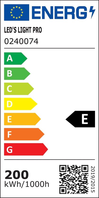 EU-energielabel voor LED's Light Pro, categorie E, verbruik van 200 kWh/1000u.