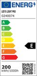 EU-energielabel voor LED's Light Pro, categorie E, verbruik van 200 kWh/1000u.