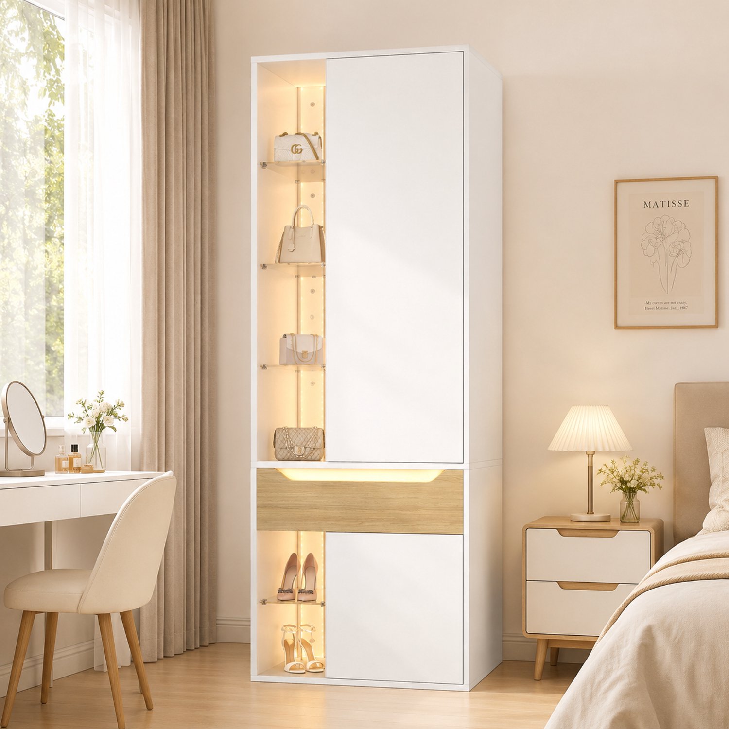 Merax Kledingkast 75×50×200 cm - LED - glazen vitrine - wit