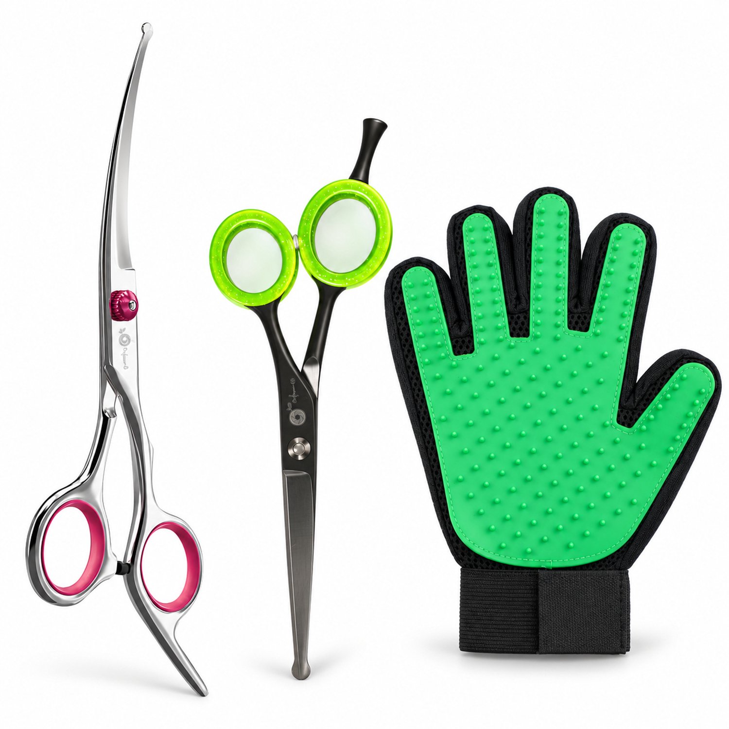Professor Q Hondentrimset - Gebogen Trimschaar Rechts Roze - Potenschaar Zwart/Groen en Vachthandschoen Groen - 3-delig