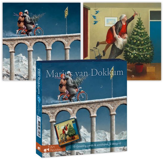 Doosje met 10 Marius van Dokkum kerstkaarten met illustraties van een stel op een brommer en versiering van een kerstboom.