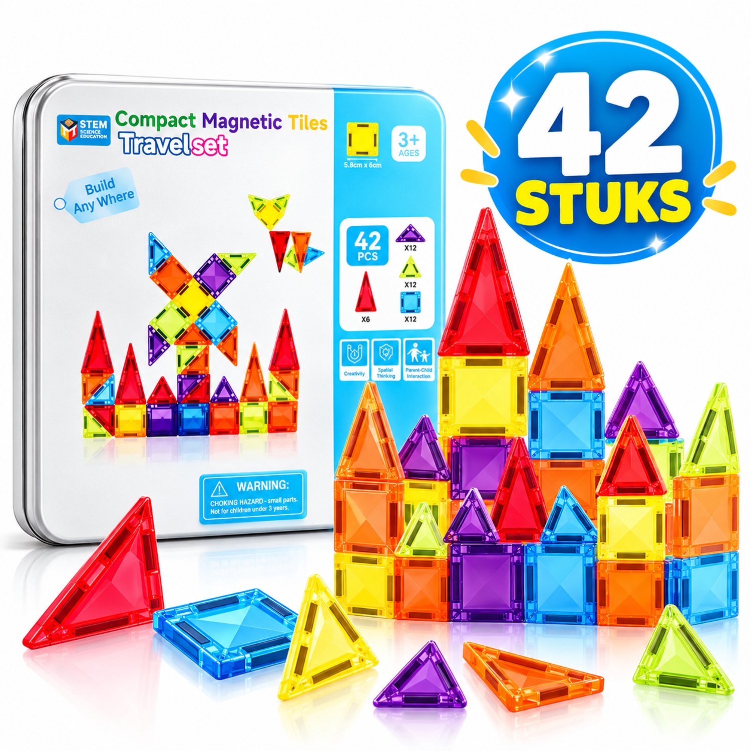 Flero Magnetische Tegels - Constructiespeelgoed - 42 Stuks - Met Opbergblik - Montessori Speelgoed Vanaf 3 Jaar - Educatief Montessori Speelgoed, Speelgoed zonder Scherm, Verjaardagscadeau, Sinterklaascadeau, Kerstcadeau voor Jongens en Meisjes