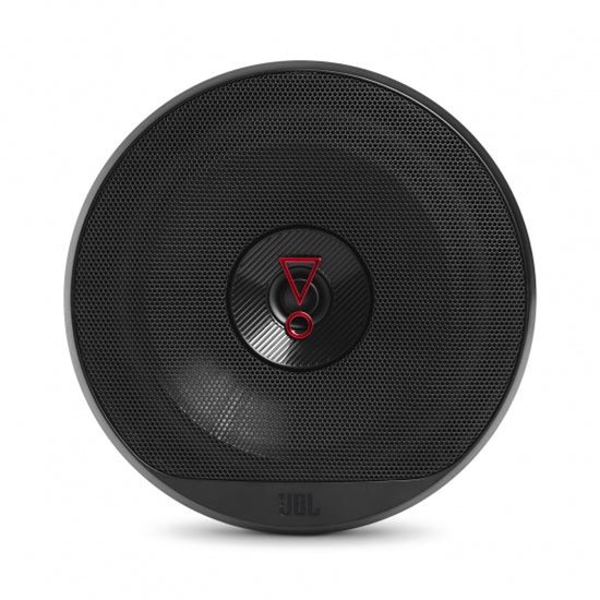 Ronde zwarte JBL autoluidspreker met een fijnmazig rooster en een rood JBL-logo in het midden.