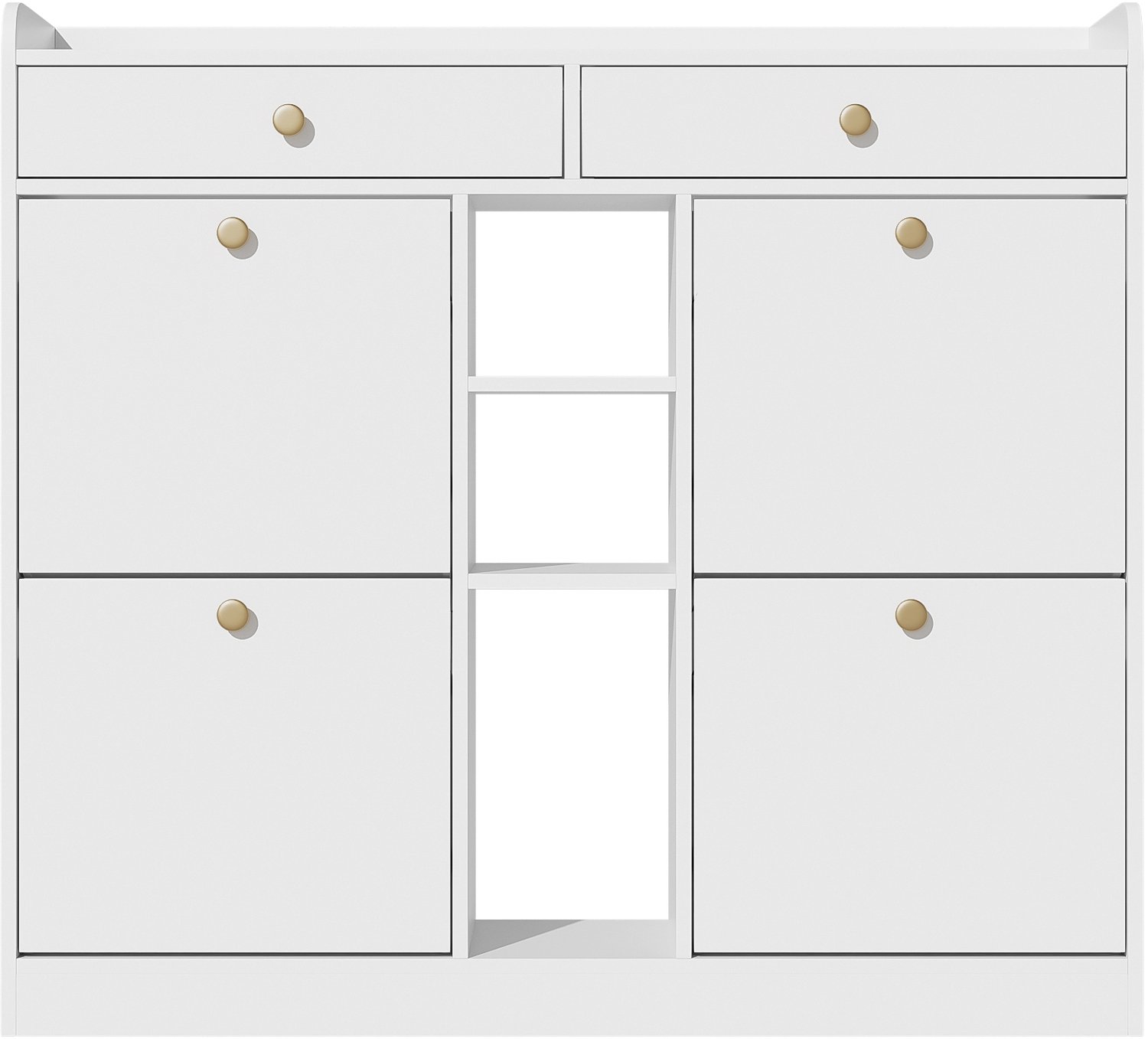 SONNENH Witte schoenenkast met 4 kantelkleppen, 2 laden en 3 open vakken - 110 x 26 x 100 cm