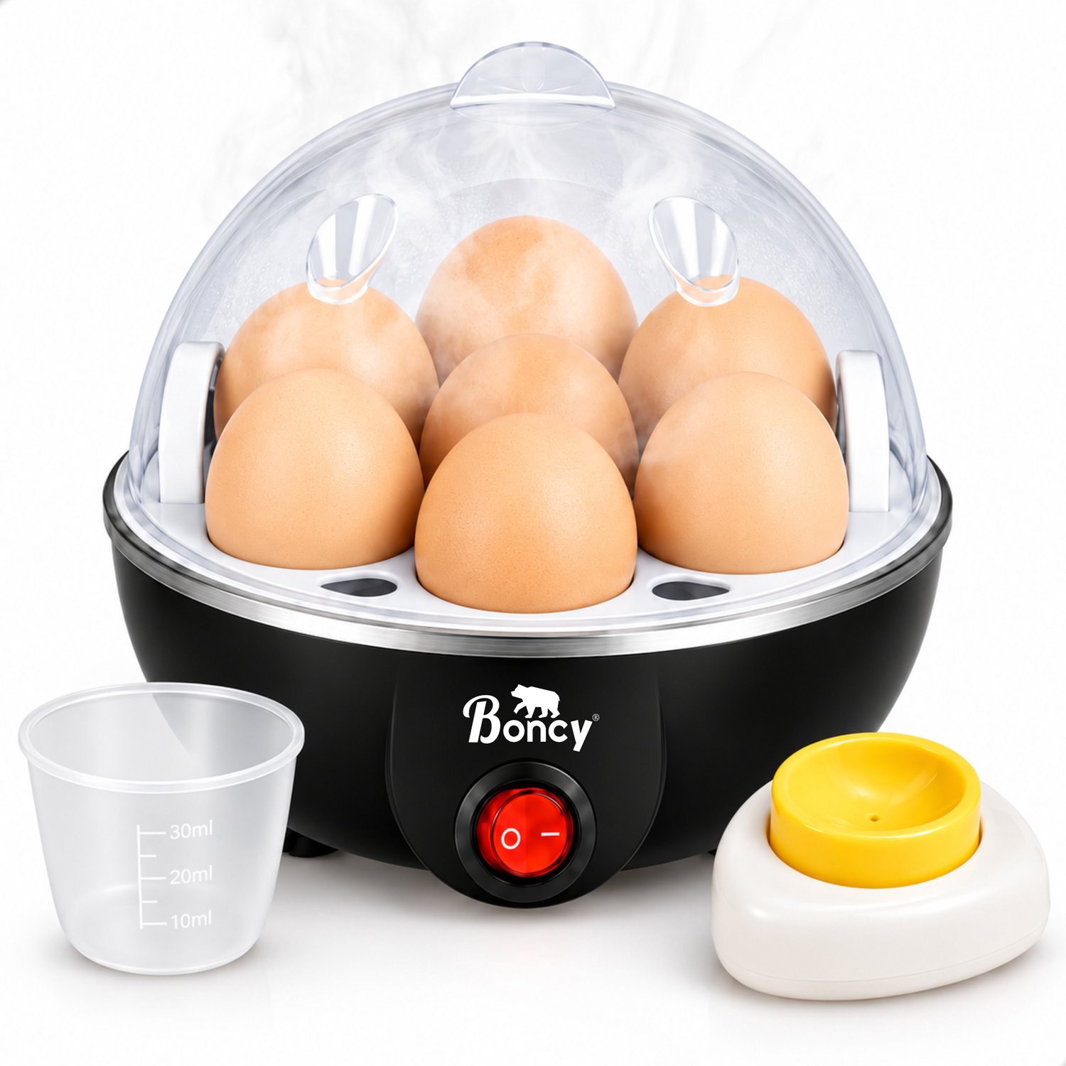 Boncy® Eierkoker Electrisch - Ei Koker voor 7 Eieren - Elektrische Eikoker - Egg Boiler Cooker - Eggcooker Stomer Hulpmiddel - Inclusief Eierprikker + Maatbeker - Koken, Pocheren & Stomen - Hard, Zacht en Medium Gekookt