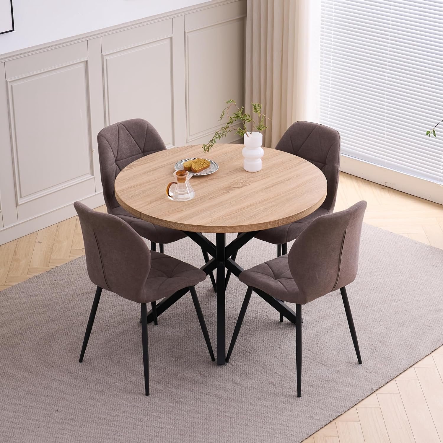 Ronde Eettafel Set 100 cm met 4 Linnen Eetkamerstoelen – Scandinavische Eetkamerset met Houten Tafel en Comfortabele Stoelen voor Keuken, Eetkamer en Woonkamer