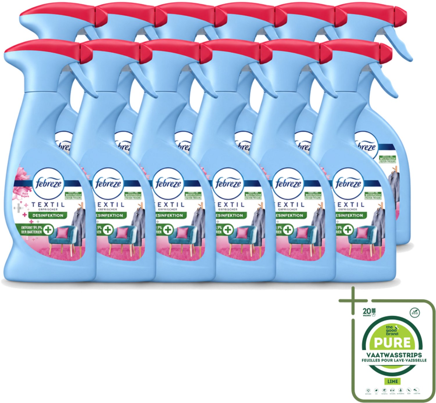 12 x Febreze – Textielspray – Roze Anjers – 375 ml - Grootverpakking - Vaatwasstrips - Textielgeur - Textielverzorging - Geurverwijdering - Textielspray - Roze Anjers