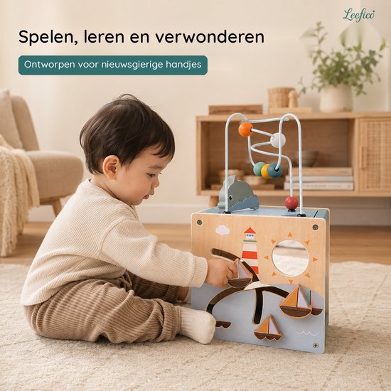 Leefico Houten Activiteiten Kubus - Montessori Speelgoed voor Baby - Sensorisch Educatief Kinderspeelgoed 1 jaar - Blauw van Leefico — afbeelding 5