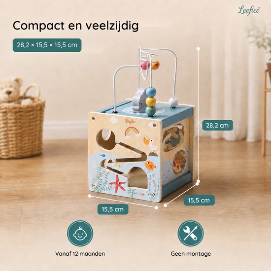 Leefico Houten Activiteiten Kubus - Montessori Speelgoed voor Baby - Sensorisch Educatief Kinderspeelgoed 1 jaar - Blauw van Leefico — afbeelding 3