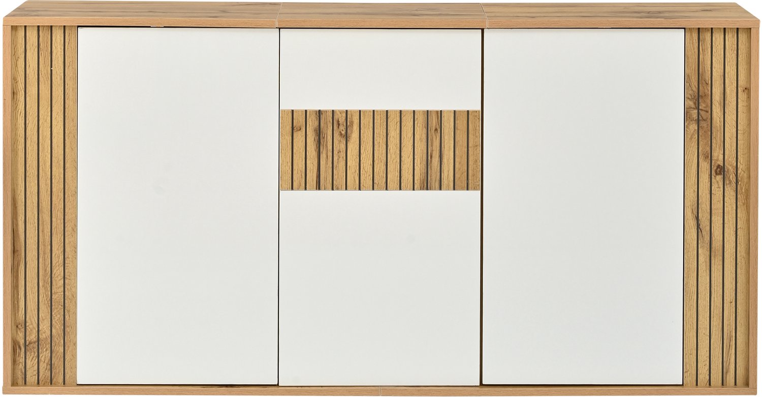 SONNENH Dressoir - Hoogglans witte deuren en houtlook - 3 push-to-open deuren - 6 vakken - 140 x 35 x 71 cm