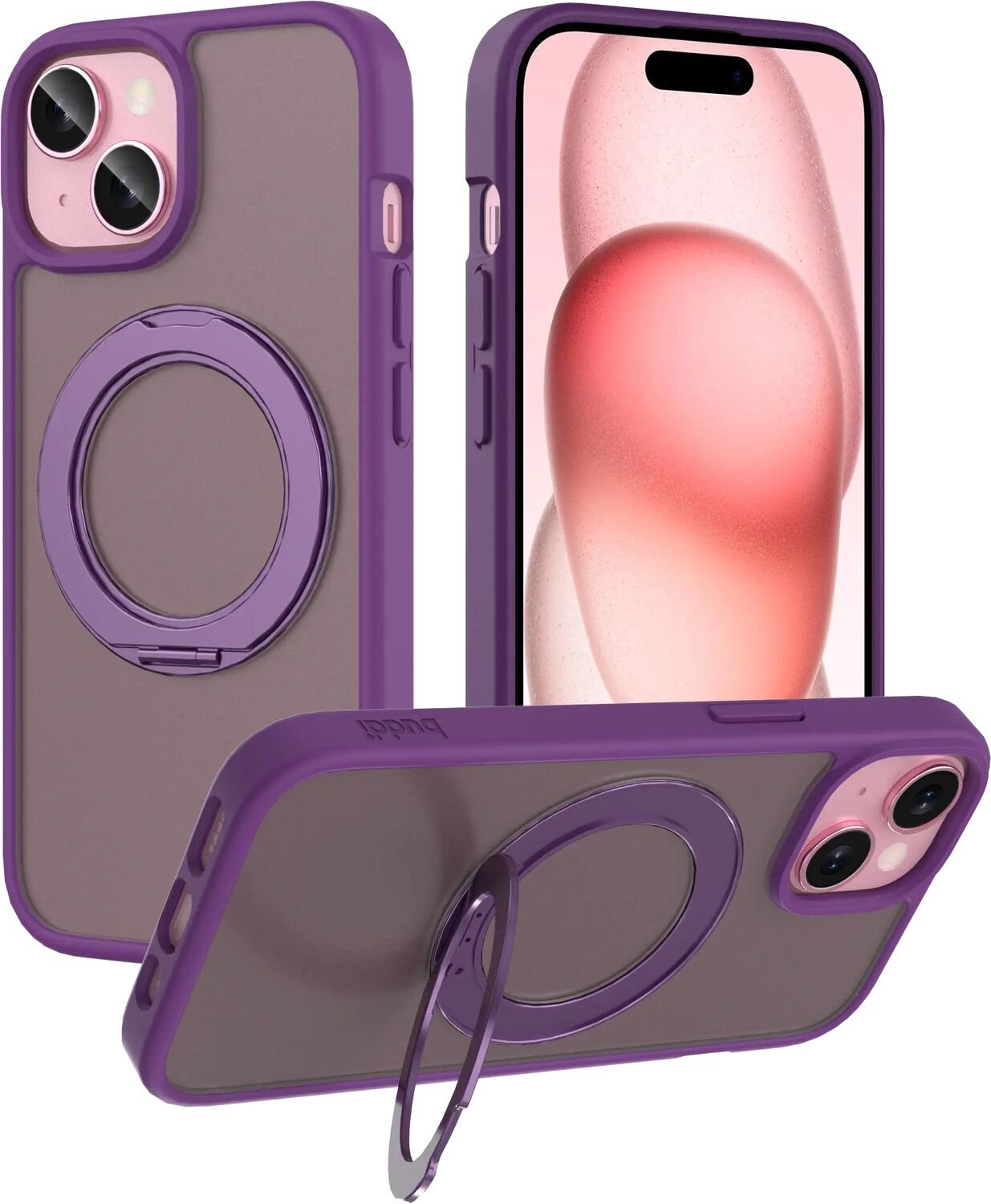 Buddi Frost Hoesje Geschikt voor Apple iPhone 17e/16e/15/14/13 - Mat Paars - Met Ring Stand - MagSafe Back Cover - Matchende kleur - Met 360° Draaibare Standaard - Shockproof - Slank