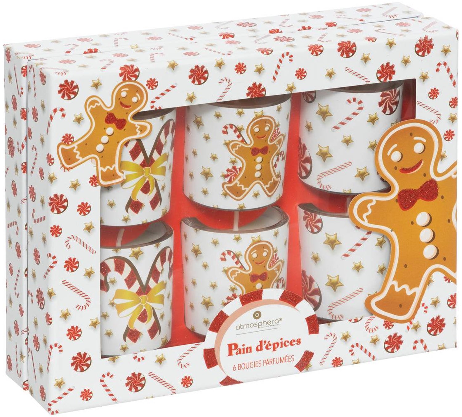 Feeric lights & Christmas Set van 6 geurkaarsen van 40 gr met glazen pot met peperkoekprint Rouge