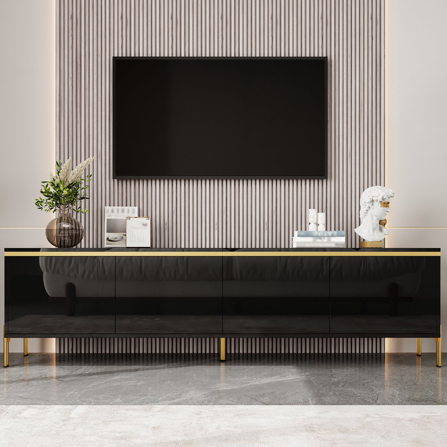 CHICFURN TV-meubel 170 cm - Kabeldoorvoer - 4 deuren - Zwart