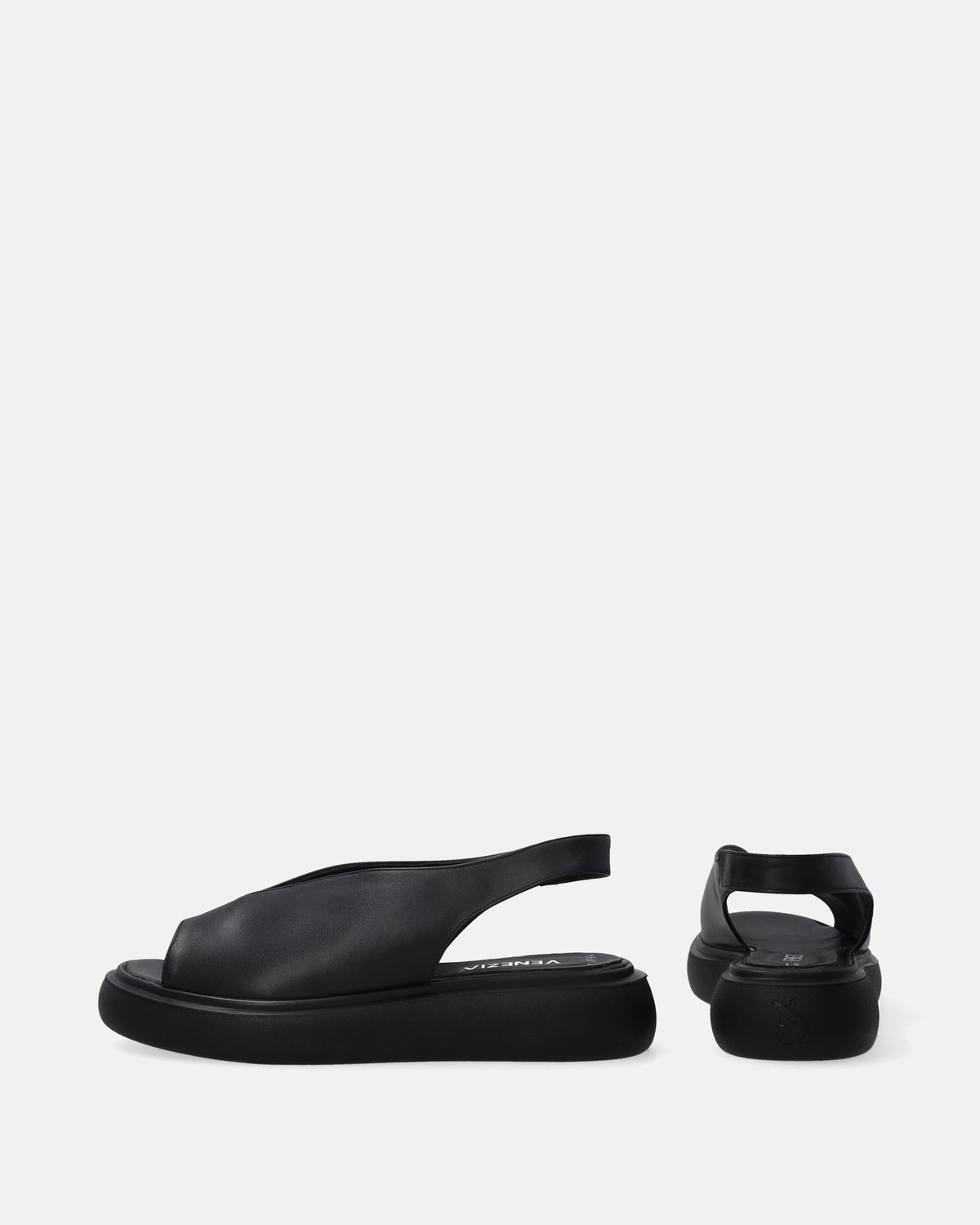 Zwarte Leren Sandalen - Plateauzool - Hakhoogte 4 cm - Maat 39
