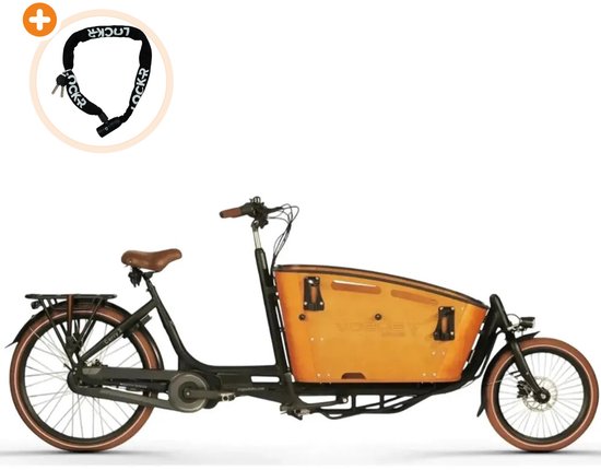 Zwarte Vogue Carry 2 elektrische bakfiets met houten bak en LOCKR-kettingslot in cirkel.