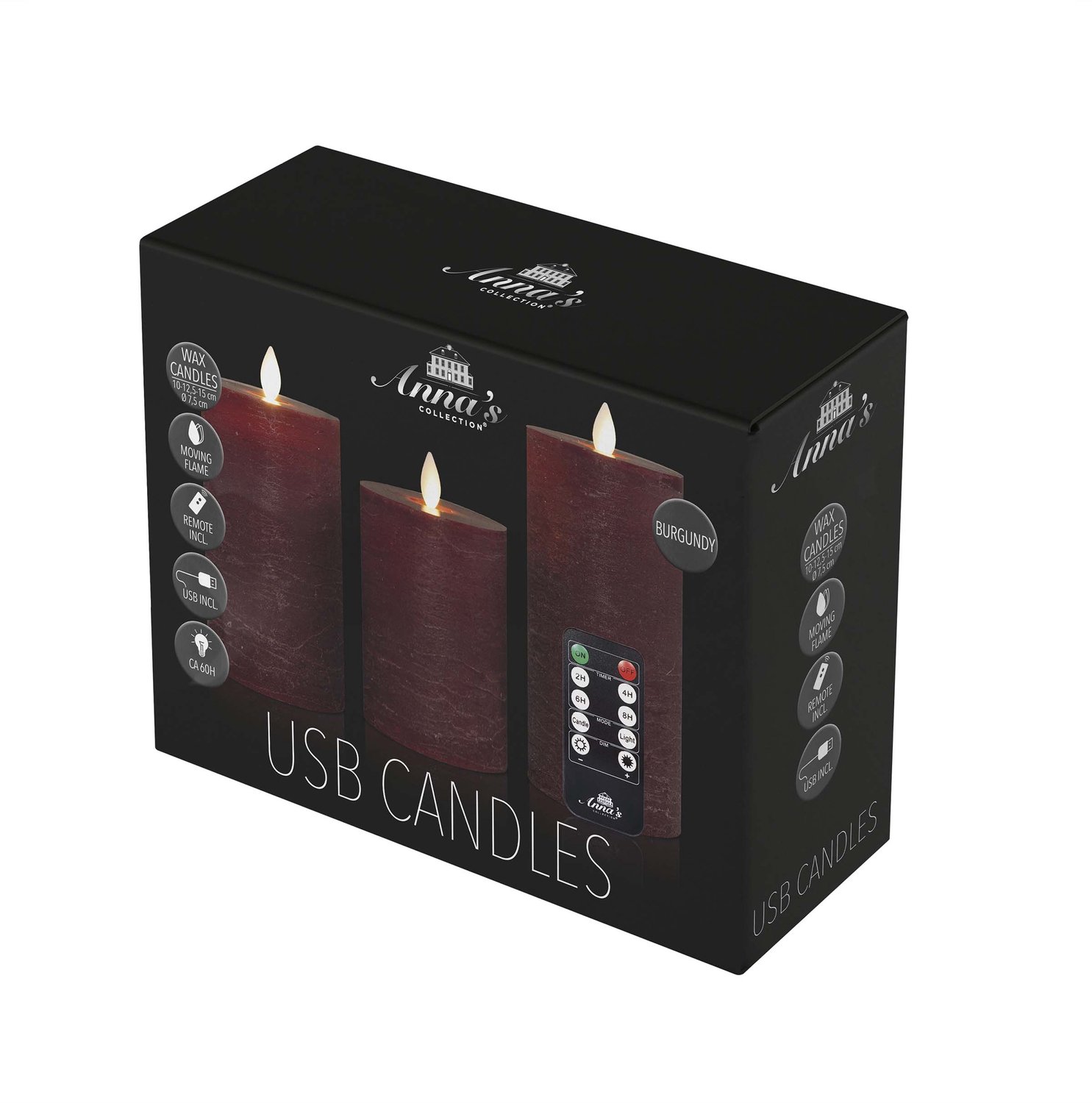 Anna's Collection LED kaars oplaadbaar flame effect rustiek set 7.5 cm bordeaux 3 stuks