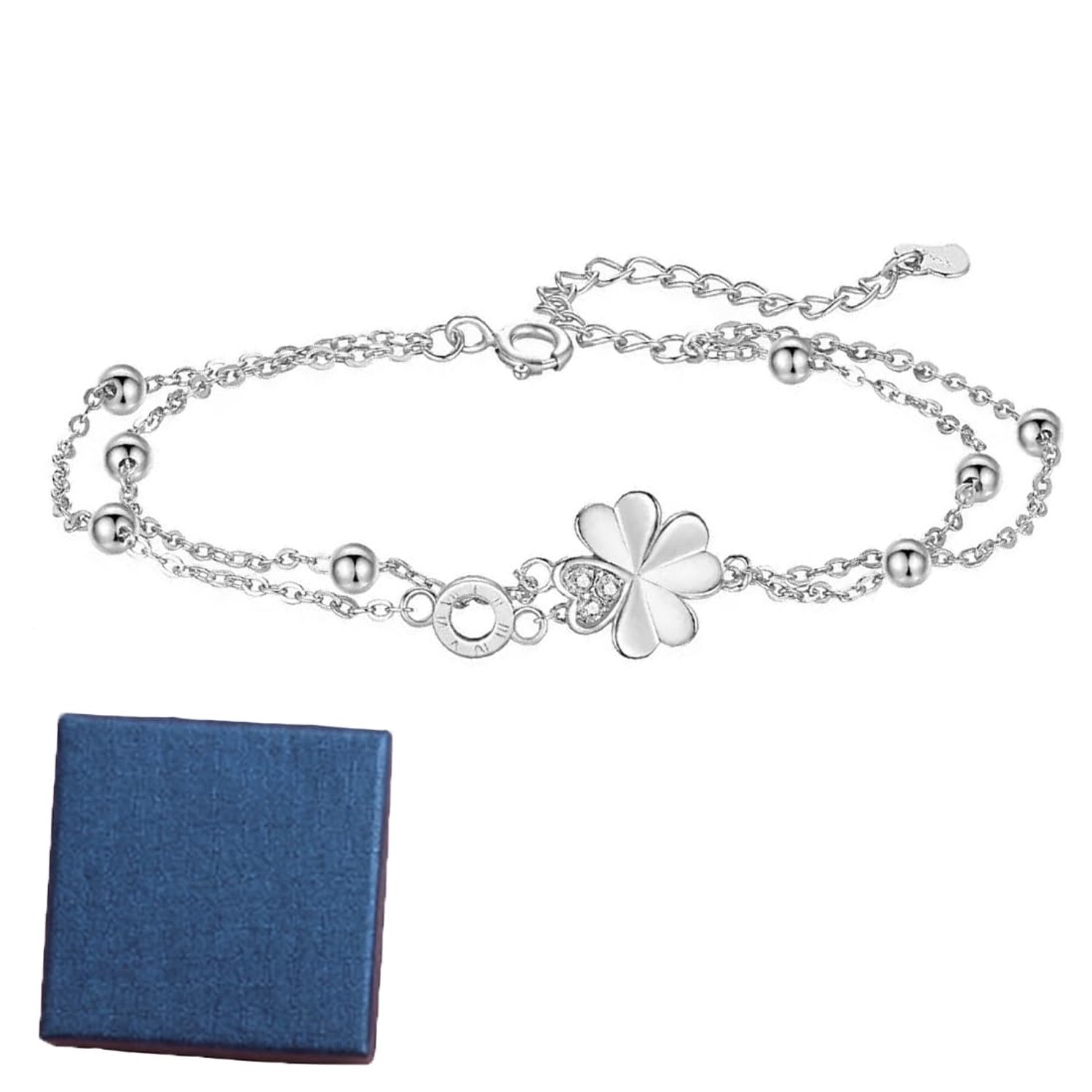 Damesarmband klaverblad - 925 sterling zilver - zirkonia klavertje vier - verstelbaar enkelbandje voor dames - m-winkel