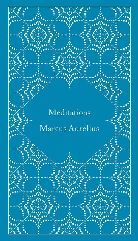 Blauw boek met wit gestippeld geometrisch patroon en de tekst "Meditations" door Marcus Aurelius.