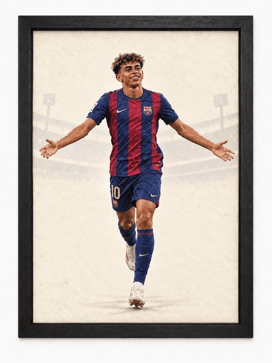 Lamine Yamal en tenue du FC Barcelone, numéro 10, célébrant les bras ouverts.