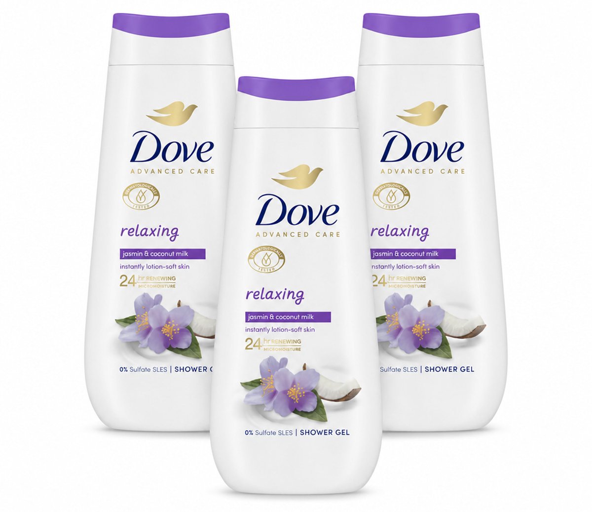 3 x Dove Douchecrème - Relaxing - Kokos & Jasmijn - 225 ml - Voordeelverpakking - 3 stuks