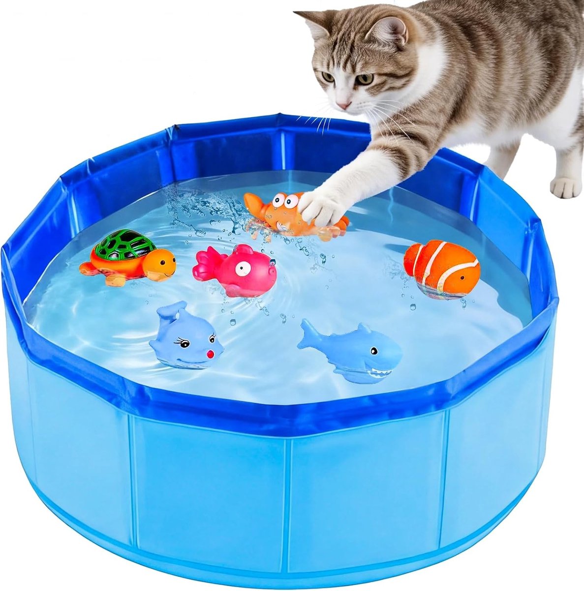 Vouwbare kattenpool met vissen, 30 x 10 cm, inclusief 6 dieren speelgoed, ideaal voor katten en honden, mini zwembad voor dieren en waterplezier