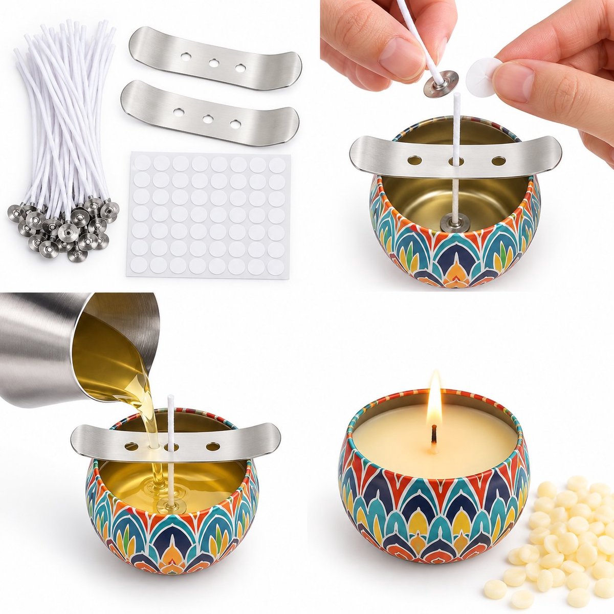 R&H® Kaarsenmakerset, DIY geurkaarsen maken, complete set met bijenwas, lonten, 8 blikjes, kleurstoffen, accessoires