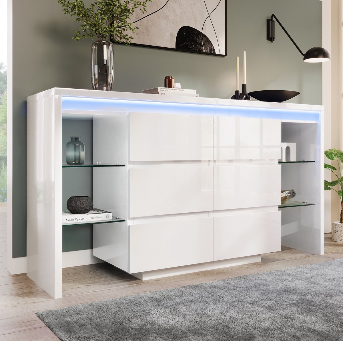 DESMIU Dressoir - Hoogglans Wit Met Smart Ledverlichting En 6 Lades - Moderne Opbergkast Met 4 Glazen Planken - 155x40x80 Cm