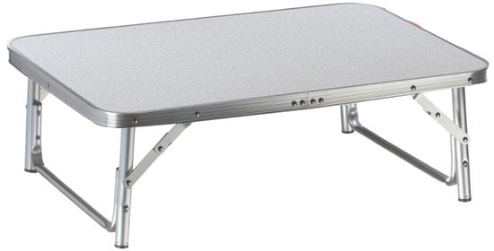 Opvouwbare campingtafel met zilverkleurig, gemarmerd tafelblad en metalen poten.