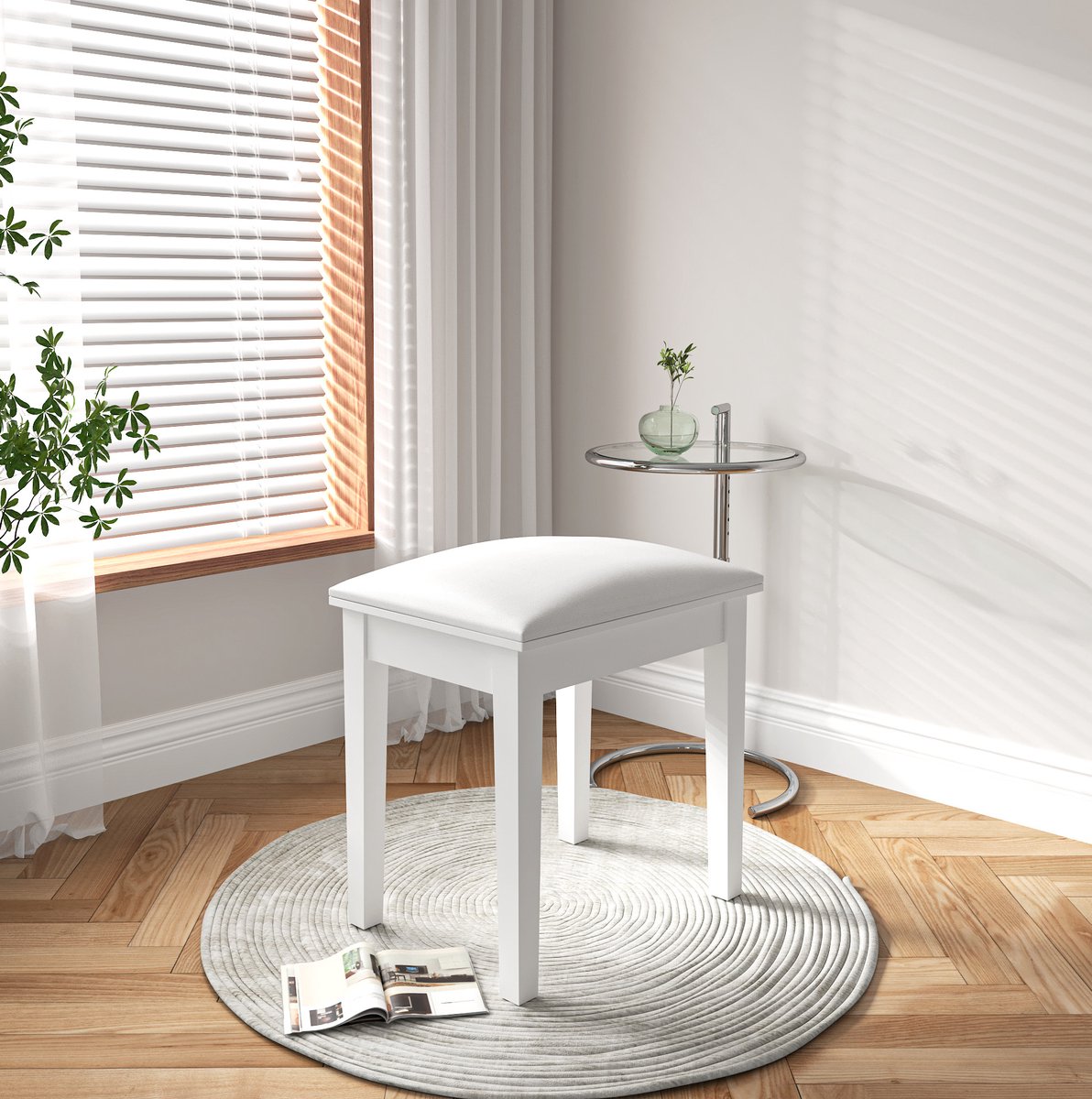 MODFU - Hocker - Gestoffeerd - Voor Binnen - Hout En Kunstleer - Wit - 43 X 33 X 45 Cm
