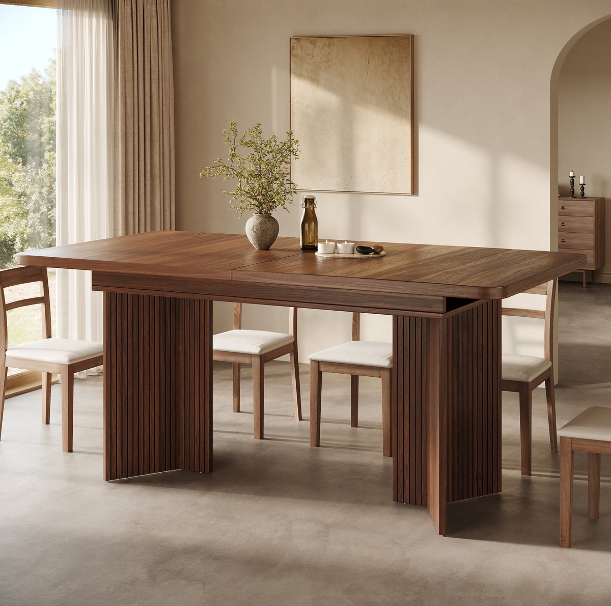 REDOM - Uitschuifbare eettafel - Rechthoekig tafelblad - V-vormige poten met verticale groeven - MDF en metaal - Bruin - 120 tot 160 x 80 x 76,1 cm