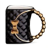 Zwart Goudkleurige Mok – Keramische Mok in Handtas Design – Koffie Mok en Thee Mok met Decoratieve Strik en Goudkleurig Handvat – Bijzondere Drinkbeker – 1 Stuk