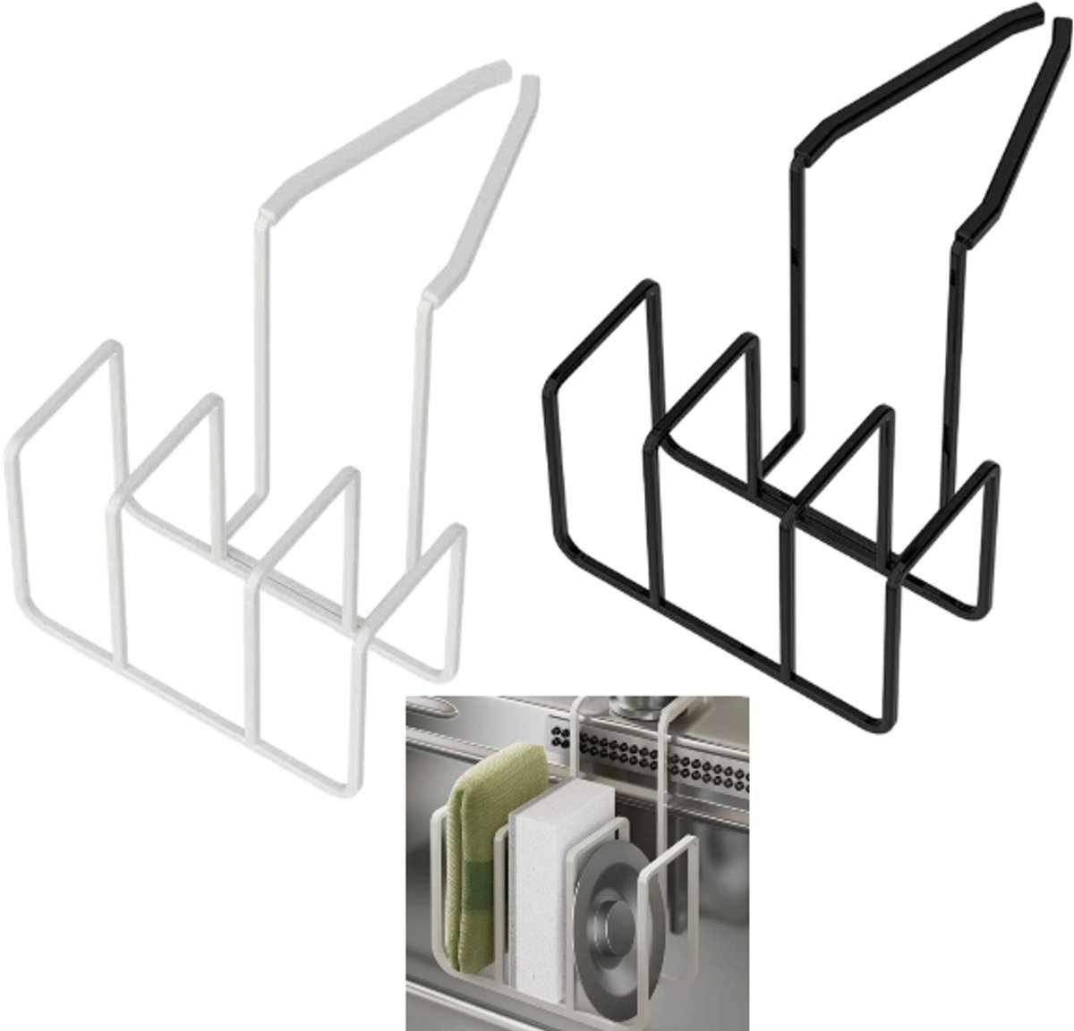 2 stuks - opbergrek voor onder de wastafel - Vaatdoekrek - Sponsrek - Keukenopbergrek - Zwart, wit - 137*56 mm - Ruimtebesparend - Wandmontage - Geschikt voor thuis, badkamer, keuken en op reis