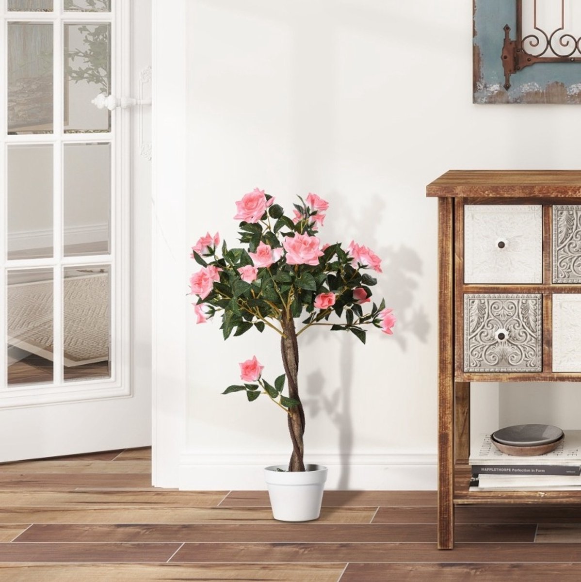 Kunstplant - Roze Rozenplant - 90 cm - Kunststof - In Pot - Voor Binnen En Buiten - Onderhoudsvrij