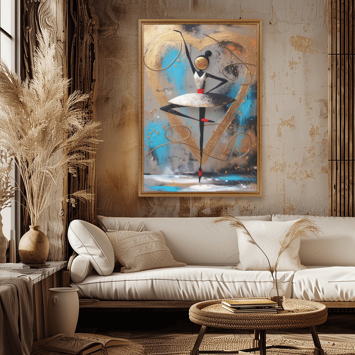 John Joseb Art (Canvas) 90x60 | Ballerina danseres, abstract, Kandinsky stijl, kunst, ballet, kleurrijk, dansen, dans, blauw, rood, goud, bruin, modern | Foto-Schilderij canvas print (wanddecoratie) Canvas, dikte 2 cm