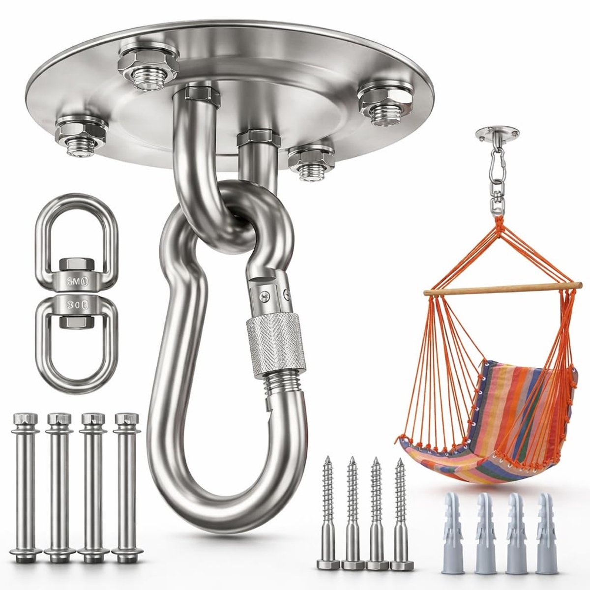 Plafondhaak - 360° Draaibaar - Zwaar Draagvermogen 450 kg - 304 RVS - Voor Hangstoel, Hangmat, Bokszak, Slingtrainer, Yoga & Schommel - Zwart