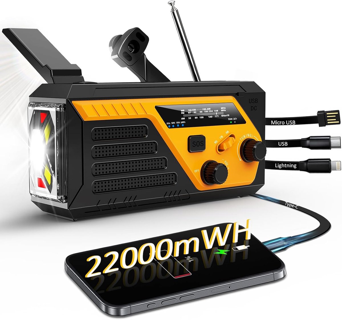Noodradio met Handzwengel, AM/FM/NOAA Weerradio, 22000mWh Powerbank, Zaklamp, Leeslamp en SOS-alarm, Inclusief 4 Oplaadkabels, Telefoonlader voor Stroomuitval, Thuis en Buiten