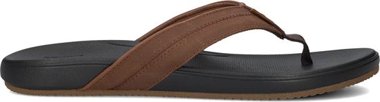 Zijprofiel van een Reef slipper met bruine bandjes en zwart voetbed.