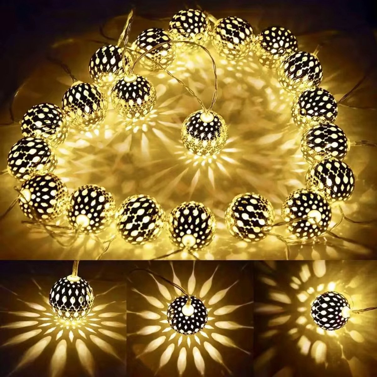 1 Stuk LED Marokkaanse Sfeerverlichting - Batterij Aangedreven Gouden Bol String Lights voor Buiten, Bruiloften, Feesten en Ramadan Decoratie - Ideaal voor Tuin, Balkon en Feestdagen (4,5M, 30 LED's)