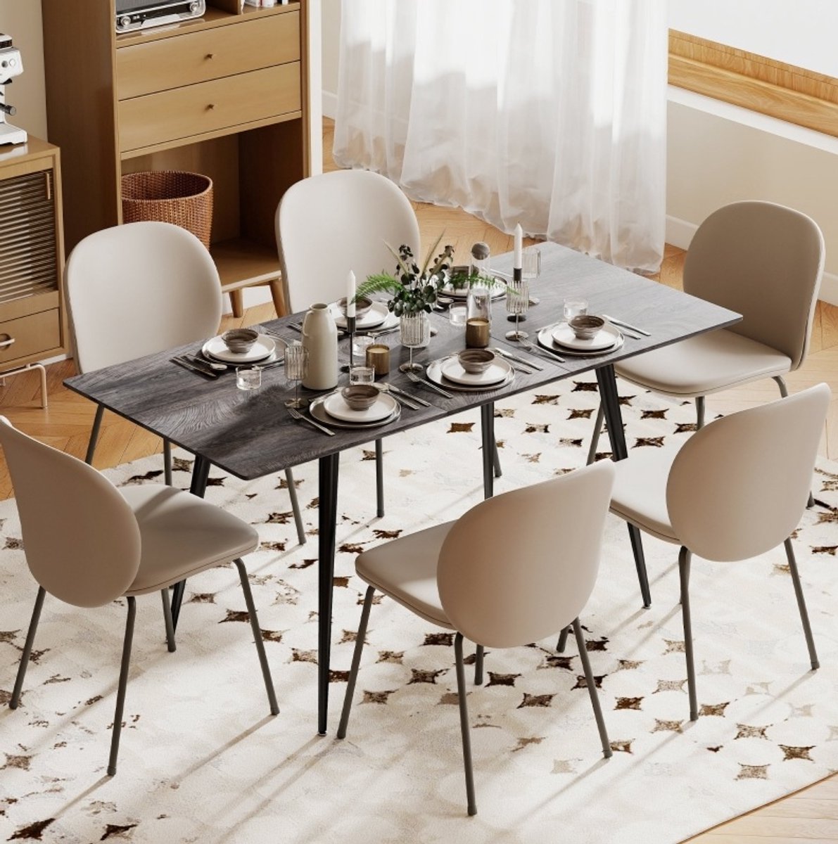 OKWISH Eettafel – Uitschuifbaar Van 120 Tot 160 cm – Voor 6 Tot 8 Personen – Grijs Hout Met Metalen Poten – 160 x 75 x 77 cm