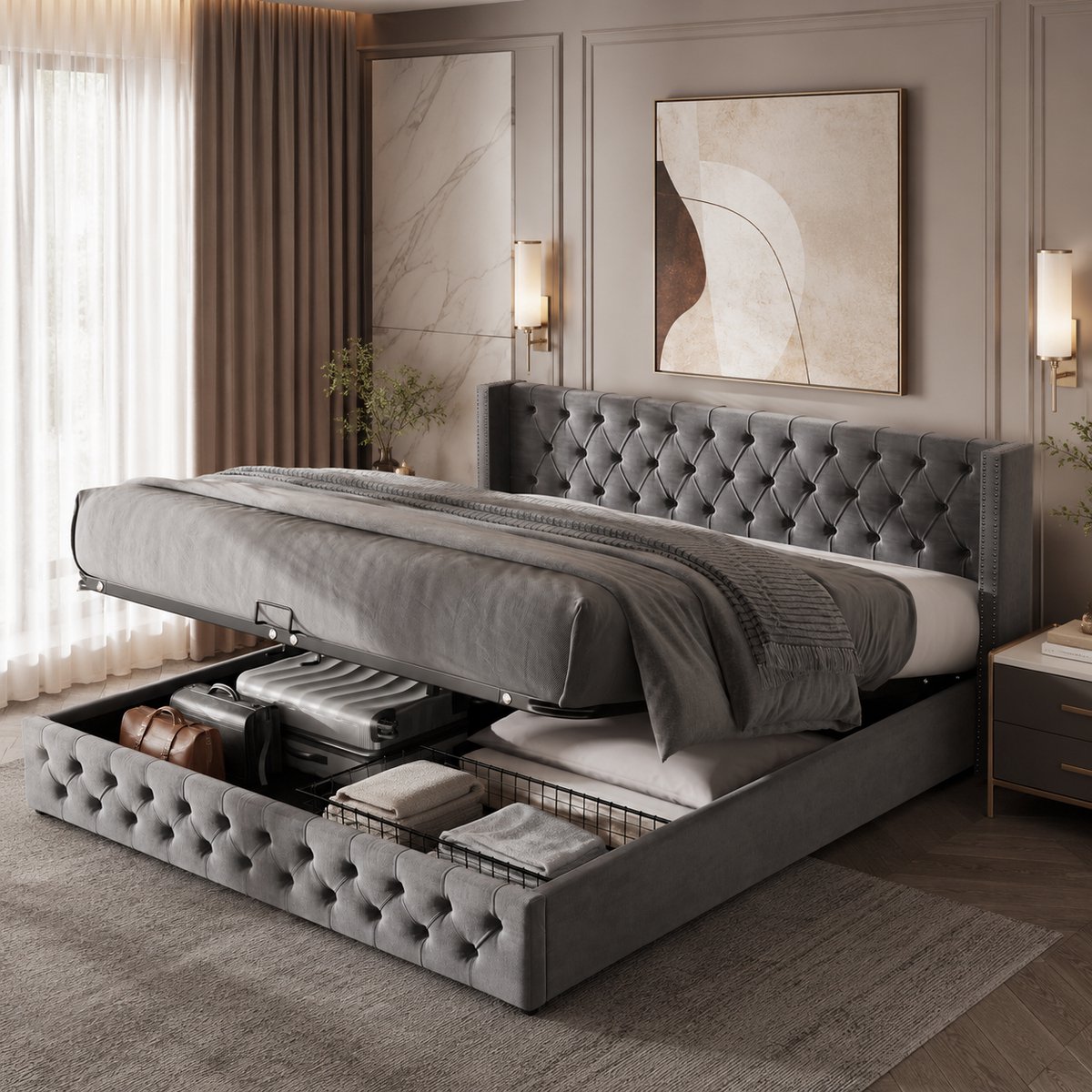 Clruro Opbergbed - 160x200 cm - Hydraulisch - Vleugelhoofdbord met Klinknagels - Flanel - Grijs