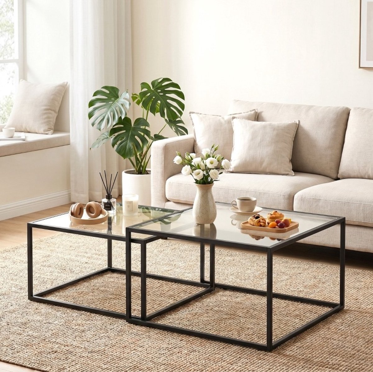 MIVRAY Salontafelset - Tweedelig Nestontwerp Met Gehard Glas - Flexibel Voor Woonkamer - Metaal En Glas - 75x75x42 Cm - Zwart