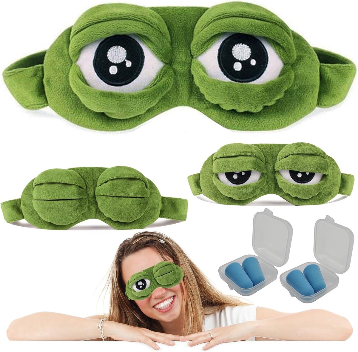 Schattige 3D Groene Kikker Oogmasker voor Slaap, Fluffy Blindfold en Oogbedekking - 2 Stuks