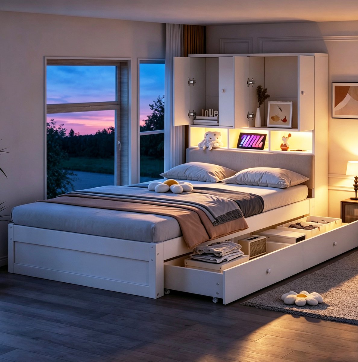 REDOM - Bed - Eenpersoonsbed met opbergruimte - Gepolsterde hoofdsteun - LED-verlichting en stopcontact - Lattenbodem - Hout - Wit - 90 x 200 cm