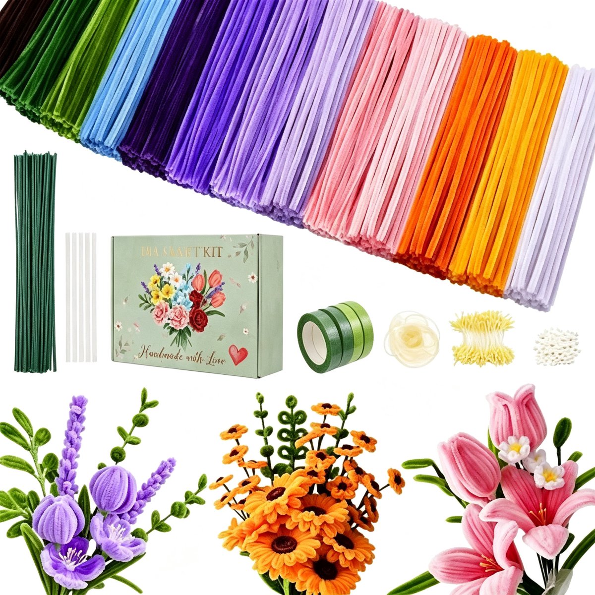 800 stuks - Pijpenragers - Twister Sticks - Gekleurde Pijpenragers - Chenille Draad - Dikke pijpenragers - met accessoires - knutselbenodigdheden - Voor doe-het-zelfkunstprojecten, creatieve bloemenbenodigdheden, kerstfeestdecoraties - 30cm