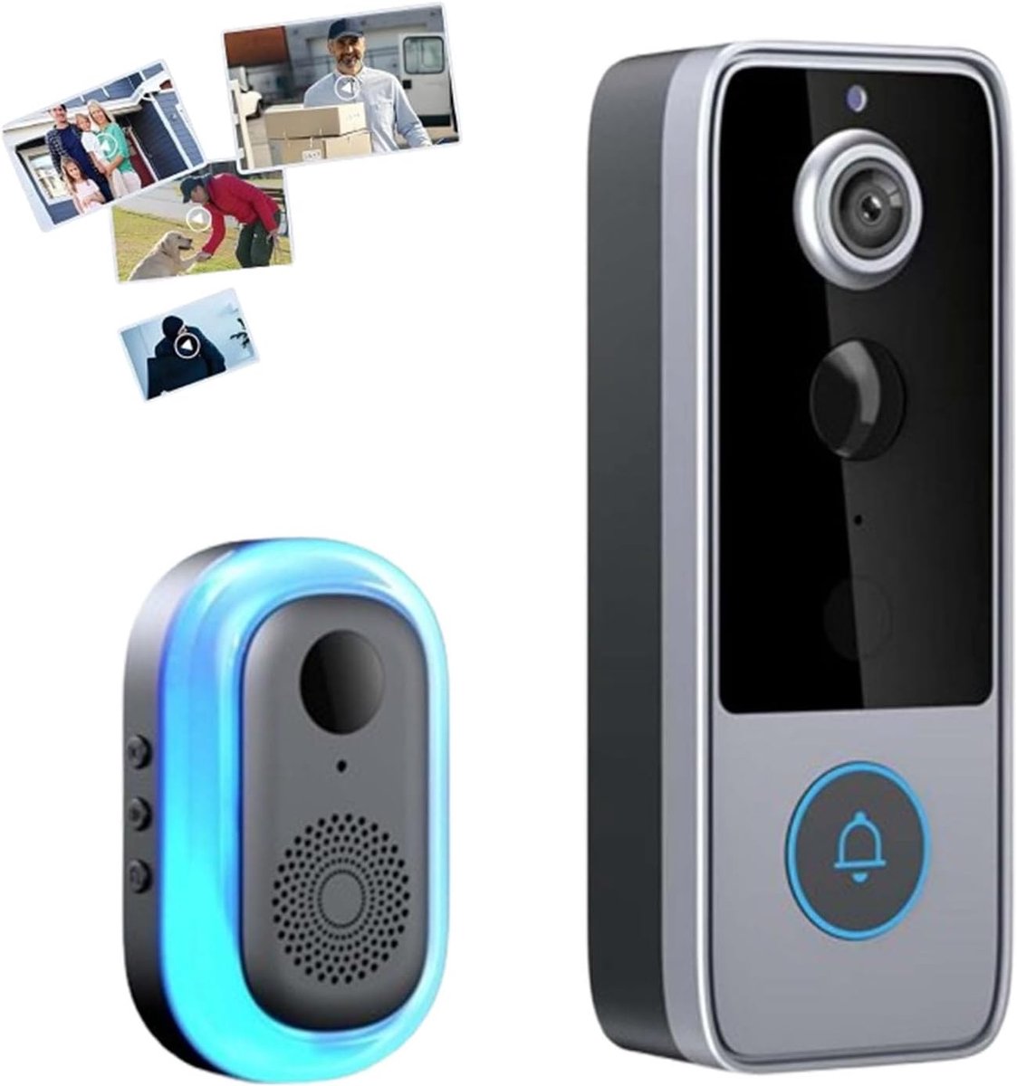 Slimme wifi-deurbel en beveiligingscamera in één, met livebeeld, tweewegsaudio, bewegingsmeldingen, automatische snapshots en lokale opnames, eenvoudig te installeren (A)