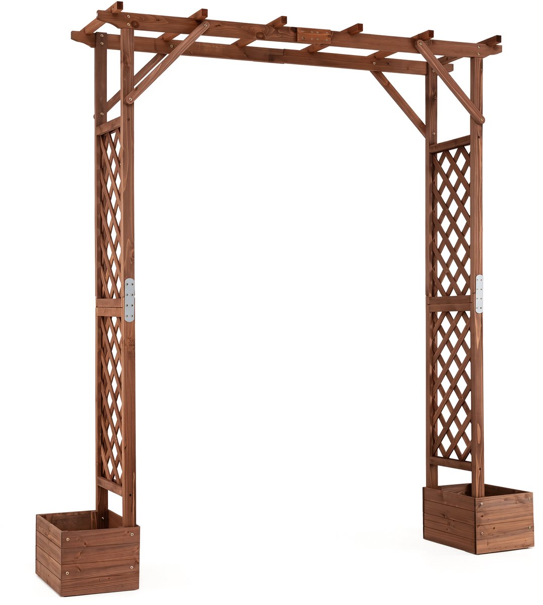 COSTWAY Rozenboog met 2 bloembakken, tuinboog hout, bruin