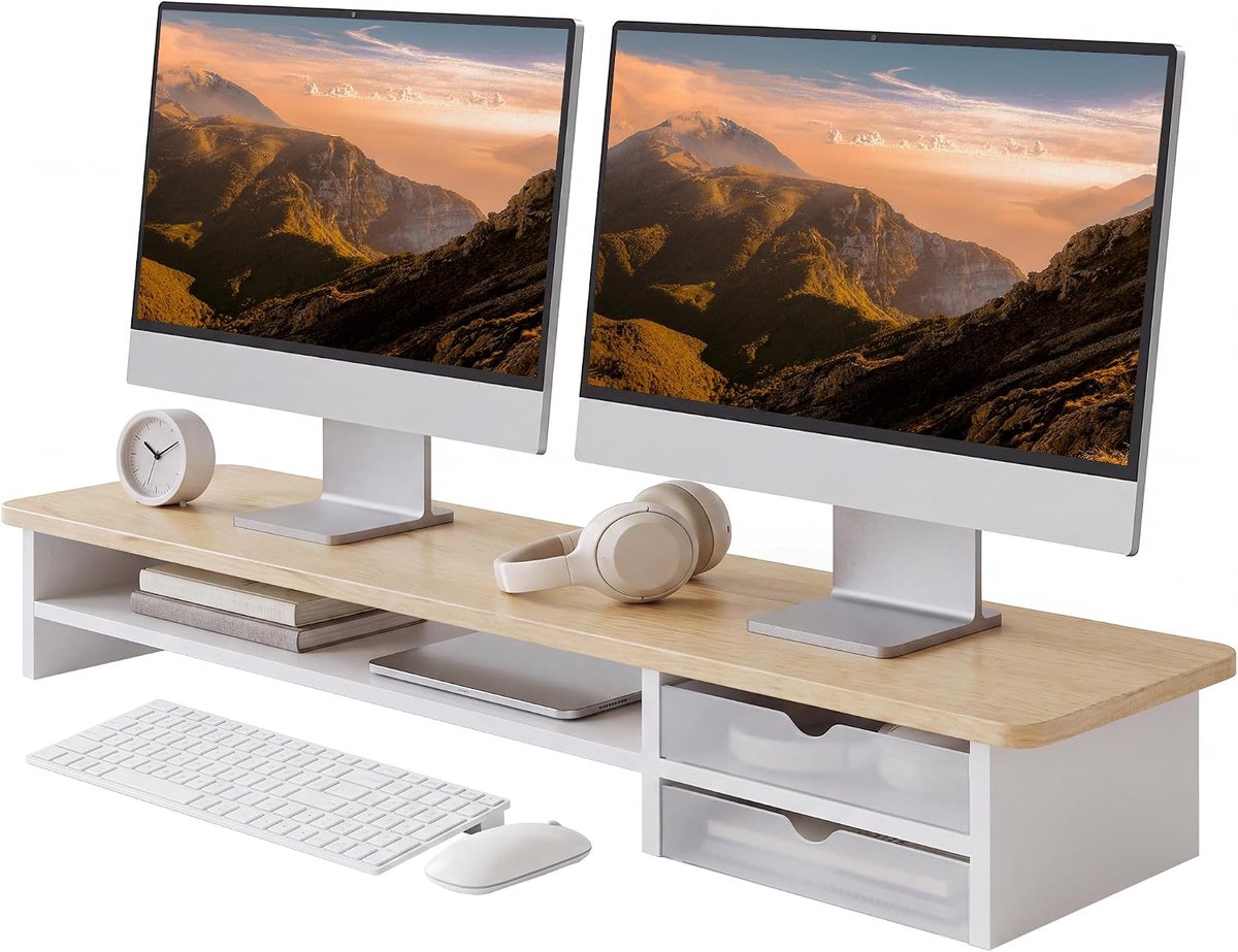 FENGE Monitor verhoger - Bureau organizer - Extra breed voor twee schermen - Met 2 verschuifbare acryl lades - Natuurhoutkleur